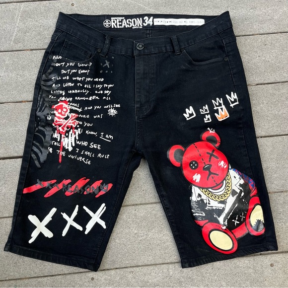 Reason Brand Men 36x12 Denim Jean Shorts Bermudas Black Graphic Teddy Bear Patch - Picture 12 of 12